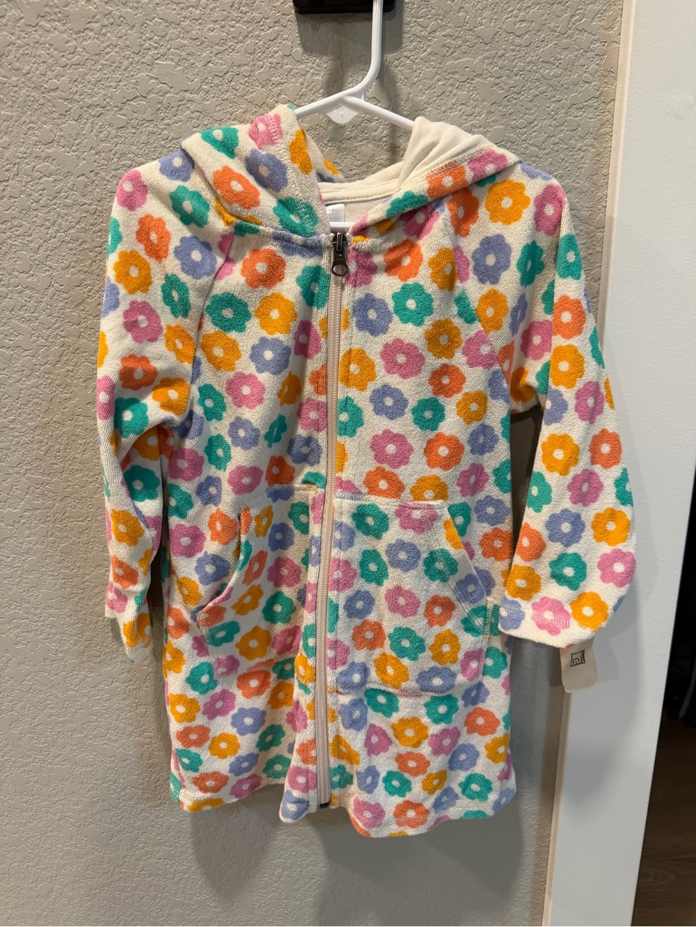 Hanna Andersson Cream Hooded Zip towel cover up with Multicolor Floral Print